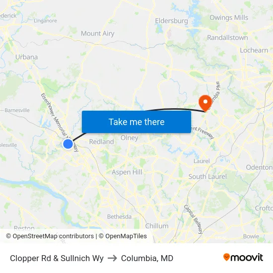 Clopper Rd & Sullnich Wy to Columbia, MD map