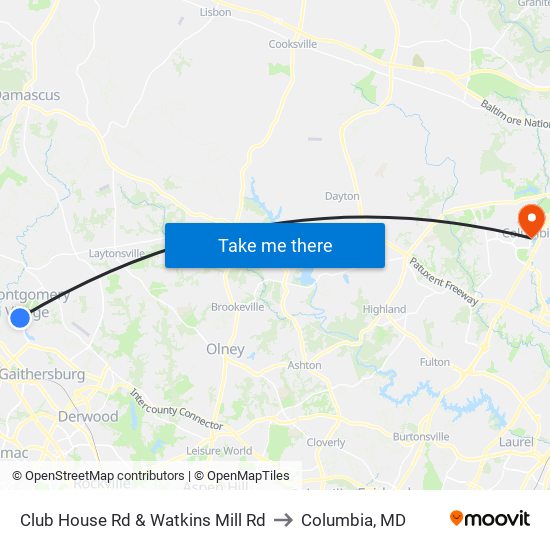 Club House Rd & Watkins Mill Rd to Columbia, MD map