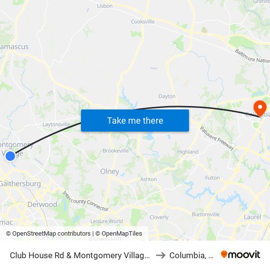 Club House Rd & Montgomery Village Ave to Columbia, MD map