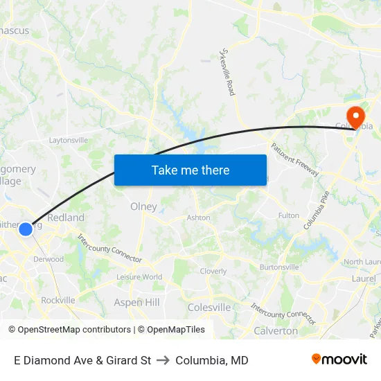 E Diamond Ave & Girard St to Columbia, MD map