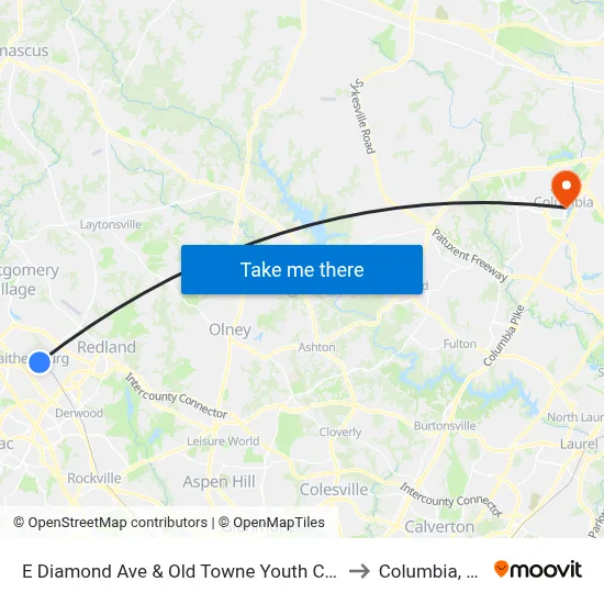 E Diamond Ave & Old Towne Youth Center to Columbia, MD map