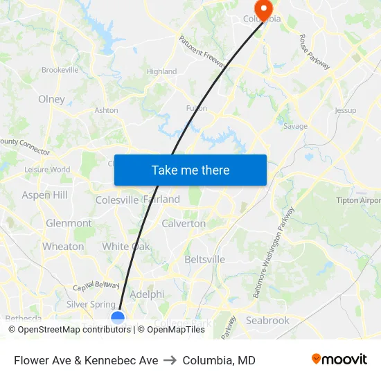 Flower Ave & Kennebec Ave to Columbia, MD map