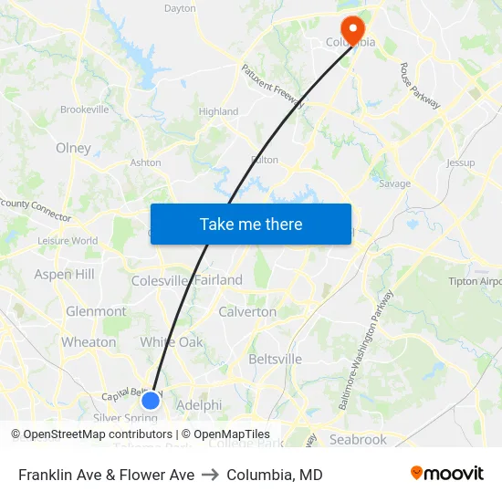 Franklin Ave & Flower Ave to Columbia, MD map
