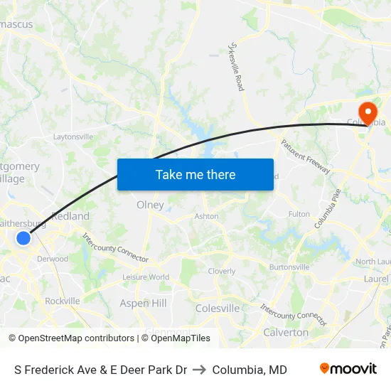S Frederick Ave & E Deer Park Dr to Columbia, MD map