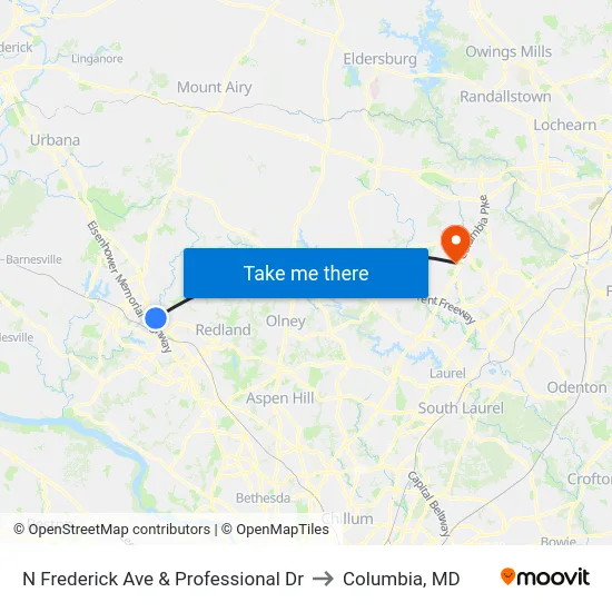 N Frederick Ave & Professional Dr to Columbia, MD map