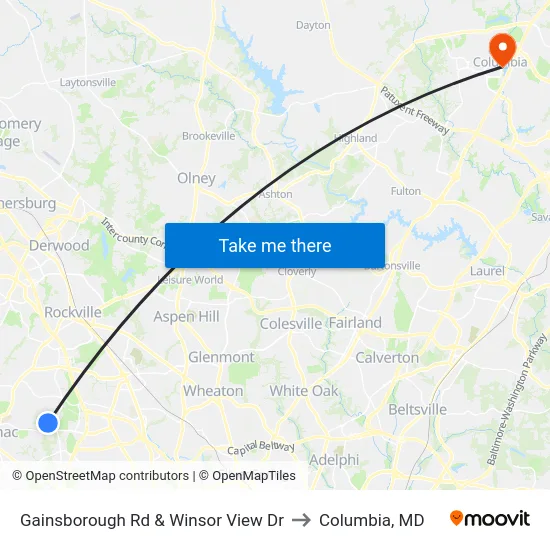 Gainsborough Rd & Winsor View Dr to Columbia, MD map