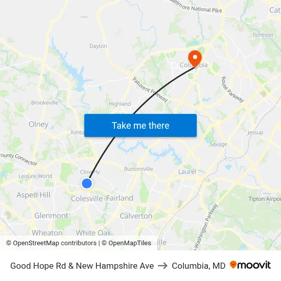 Good Hope Rd & New Hampshire Ave to Columbia, MD map