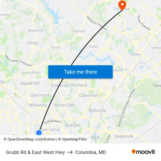 Grubb Rd & East West Hwy to Columbia, MD map