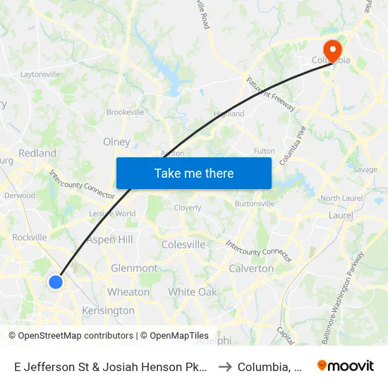 E Jefferson St & Josiah Henson Pkwy to Columbia, MD map