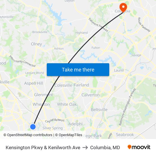 Kensington Pkwy & Kenilworth Ave to Columbia, MD map