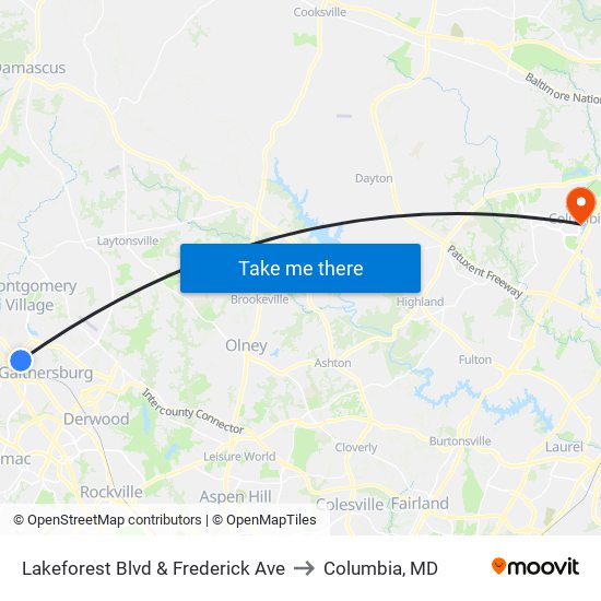 Lakeforest Blvd & Frederick Ave to Columbia, MD map