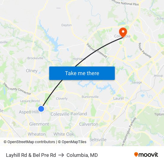 Layhill Rd & Bel Pre Rd to Columbia, MD map