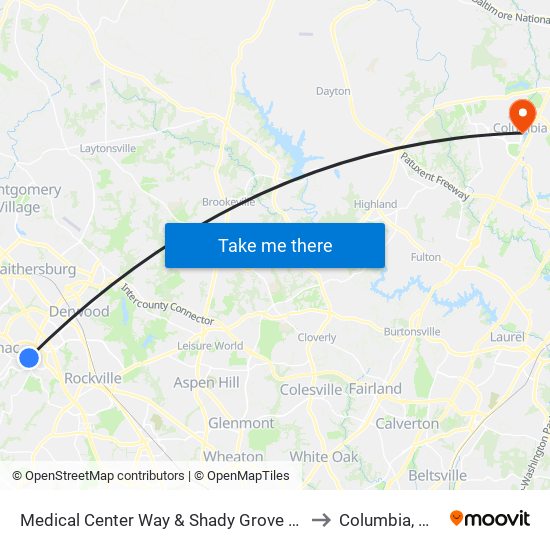 Medical Center Way & Shady Grove Rd to Columbia, MD map