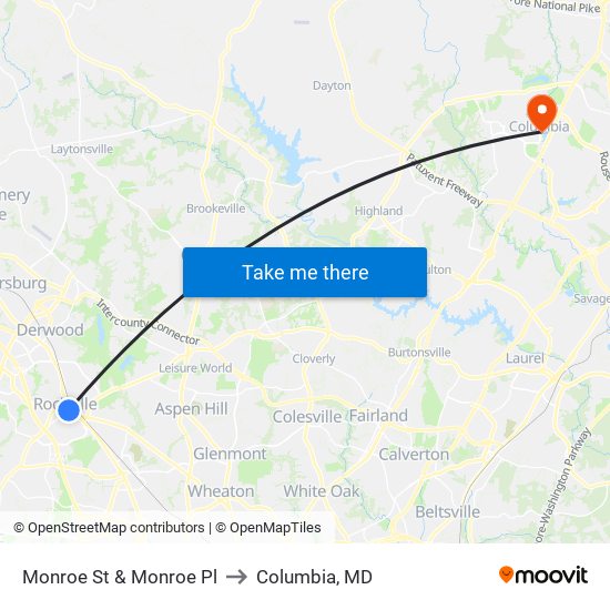 Monroe St & Monroe Pl to Columbia, MD map