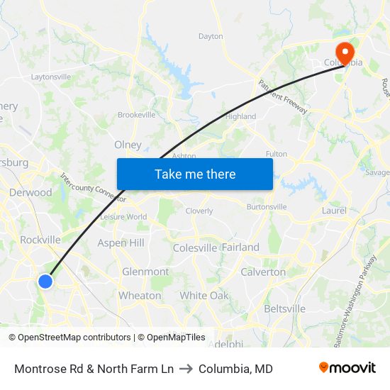 Montrose Rd & North Farm Ln to Columbia, MD map