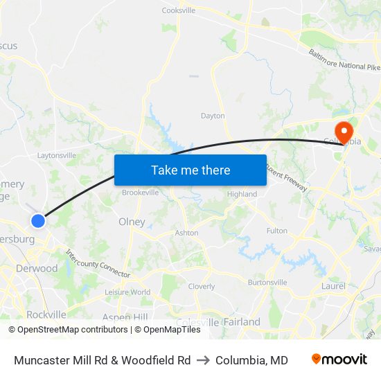 Muncaster Mill Rd & Woodfield Rd to Columbia, MD map