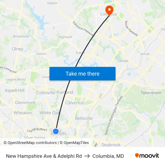 New Hampshire Ave & Adelphi Rd to Columbia, MD map