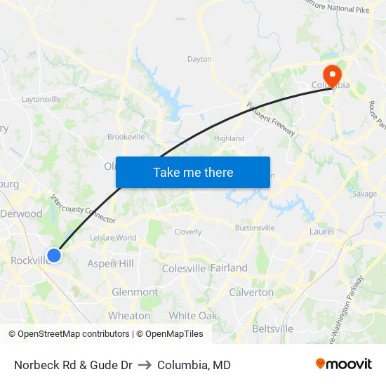 Norbeck Rd & Gude Dr to Columbia, MD map