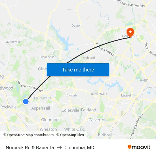 Norbeck Rd & Bauer Dr to Columbia, MD map