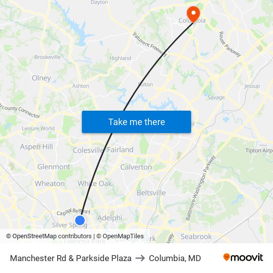 Manchester Rd & Parkside Plaza to Columbia, MD map