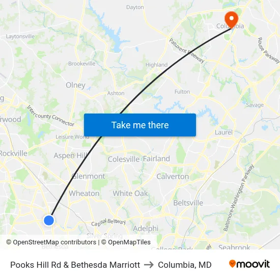 Pooks Hill Rd & Bethesda Marriott to Columbia, MD map