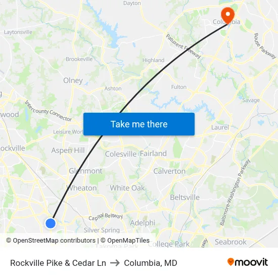 Rockville Pike & Cedar Ln to Columbia, MD map
