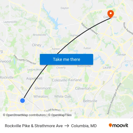 Rockville Pike & Strathmore Ave to Columbia, MD map