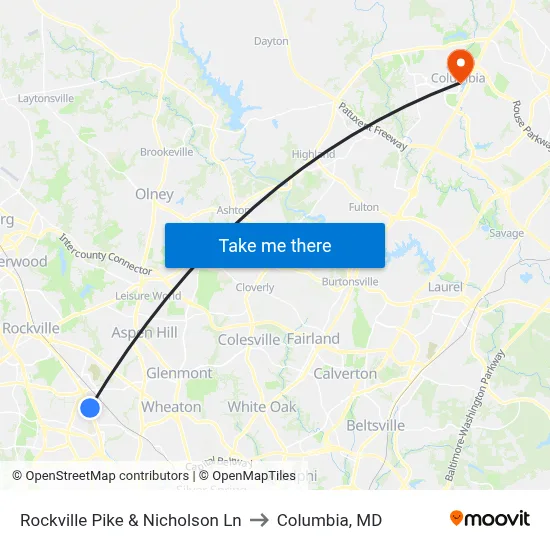 Rockville Pike & Nicholson Ln to Columbia, MD map