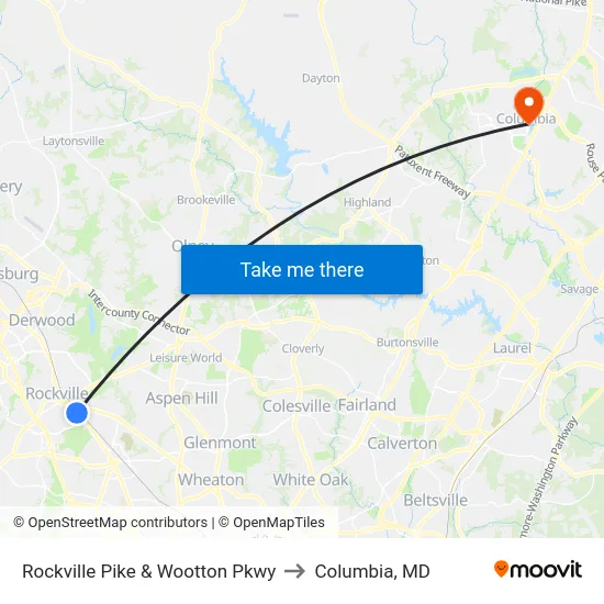 Rockville Pike & Wootton Pkwy to Columbia, MD map