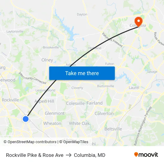 Rockville Pike & Rose Ave to Columbia, MD map