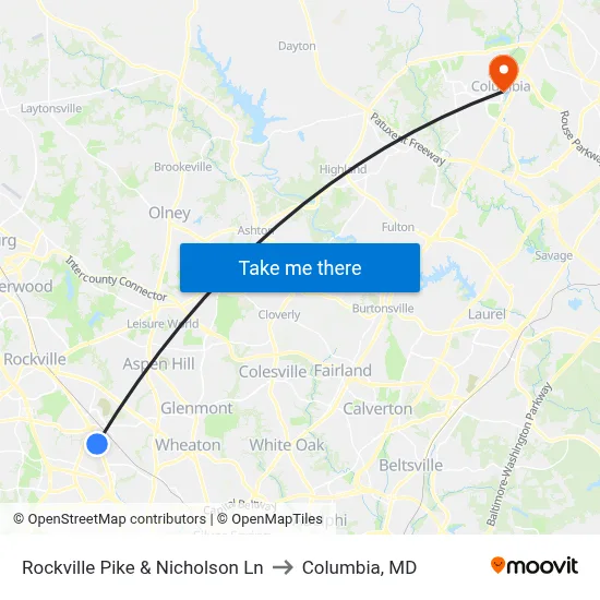 Rockville Pike & Nicholson Ln to Columbia, MD map