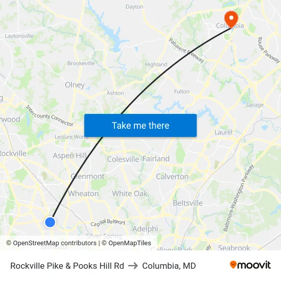 Rockville Pike & Pooks Hill Rd to Columbia, MD map