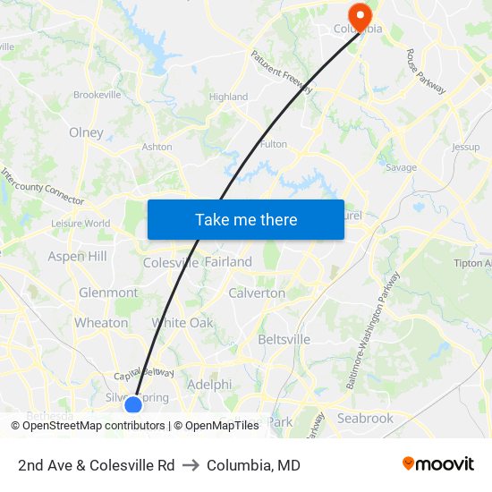 2nd Ave & Colesville Rd to Columbia, MD map