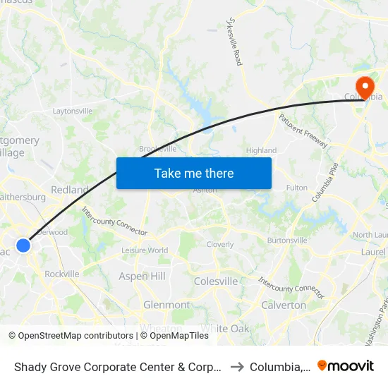 Shady Grove Corporate Center & Corporate Blvd to Columbia, MD map