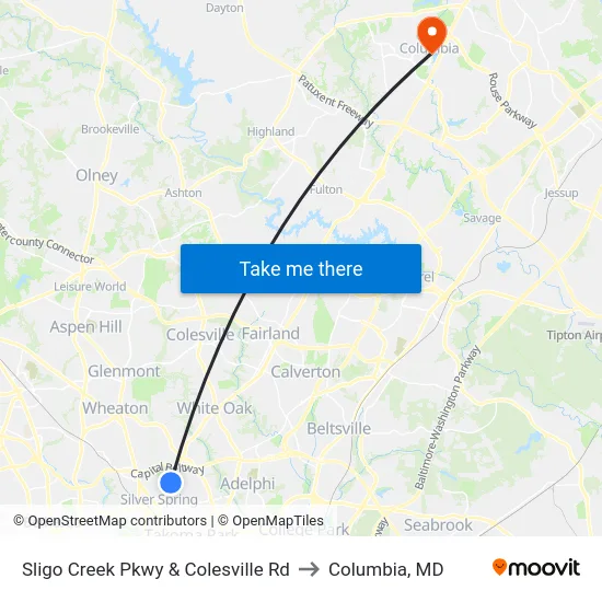 Sligo Creek Pkwy & Colesville Rd to Columbia, MD map