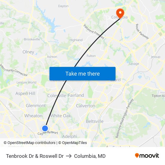 Tenbrook Dr & Roswell Dr to Columbia, MD map