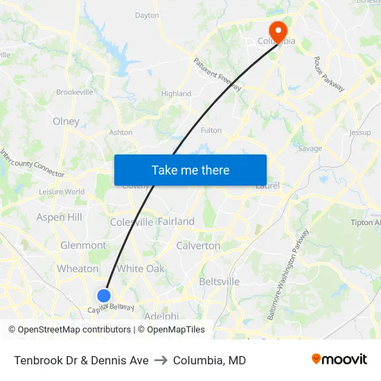 Tenbrook Dr & Dennis Ave to Columbia, MD map