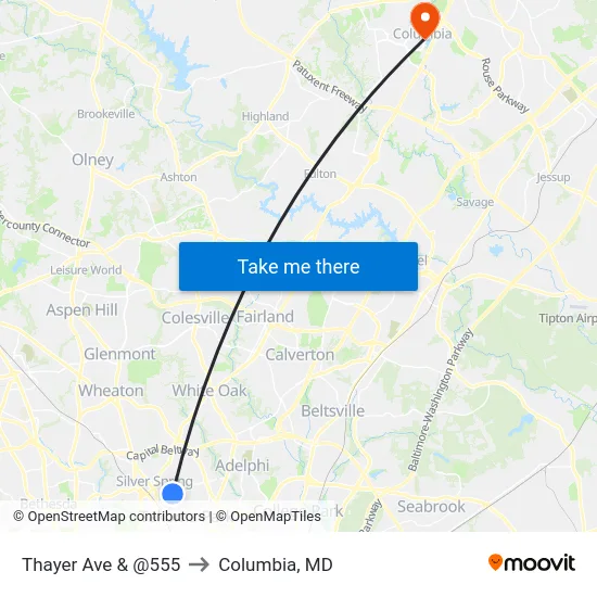 Thayer Ave & @555 to Columbia, MD map