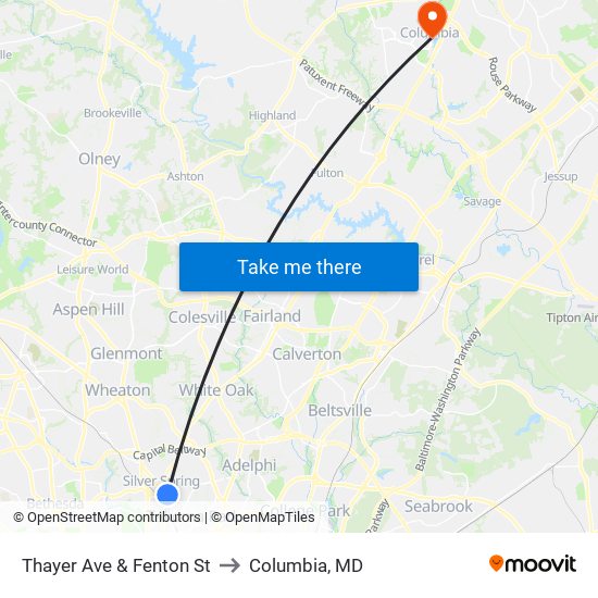 Thayer Ave & Fenton St to Columbia, MD map