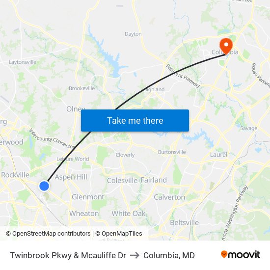 Twinbrook Pkwy & Mcauliffe Dr to Columbia, MD map