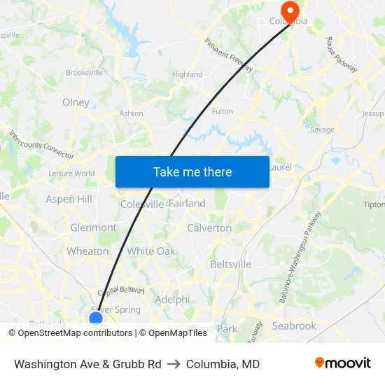 Washington Ave & Grubb Rd to Columbia, MD map