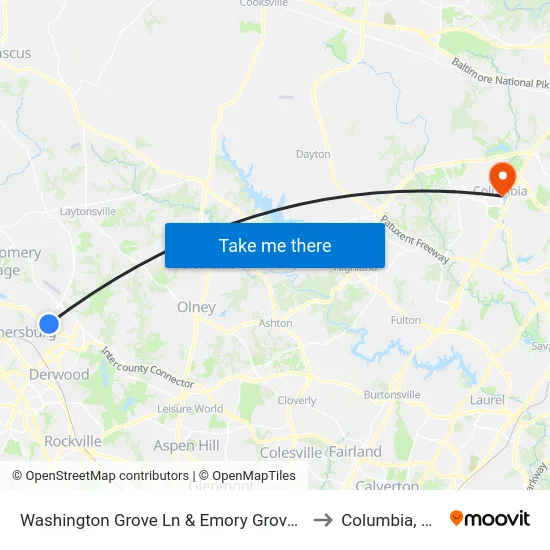 Washington Grove Ln & Emory Grove Rd to Columbia, MD map