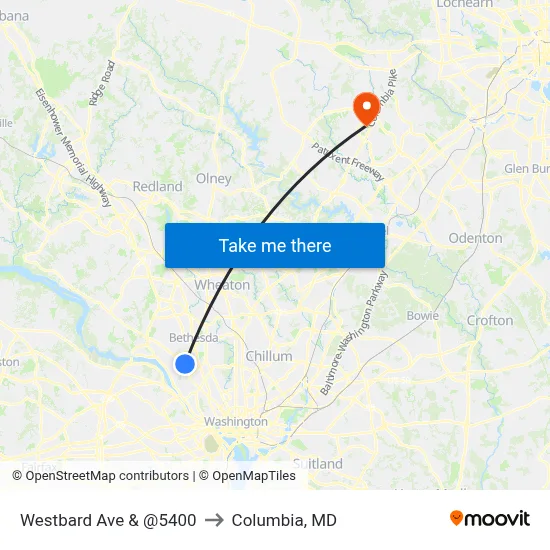 Westbard Ave & @5400 to Columbia, MD map