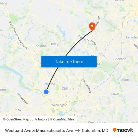 Westbard Ave & Massachusetts Ave to Columbia, MD map