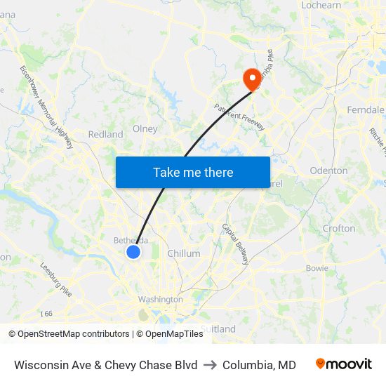 Wisconsin Ave & Chevy Chase Blvd to Columbia, MD map