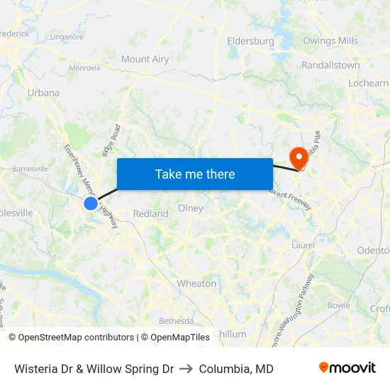 Wisteria Dr & Willow Spring Dr to Columbia, MD map