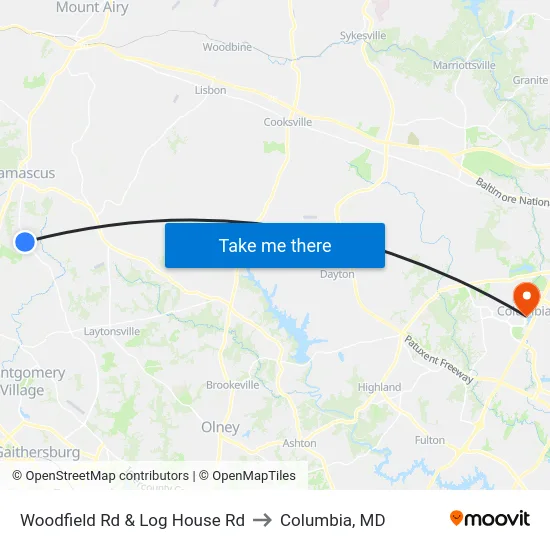 Woodfield Rd & Log House Rd to Columbia, MD map