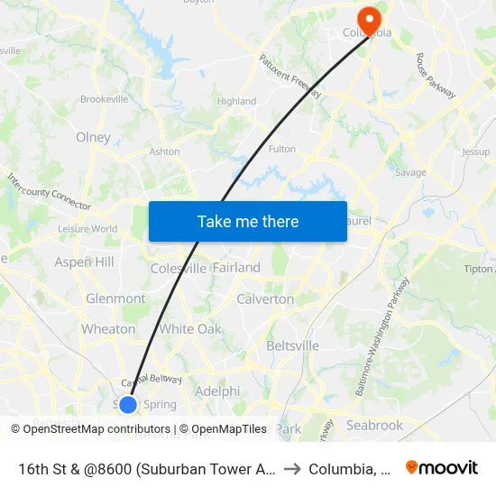 16th St & @8600 (Suburban Tower Apts) to Columbia, MD map
