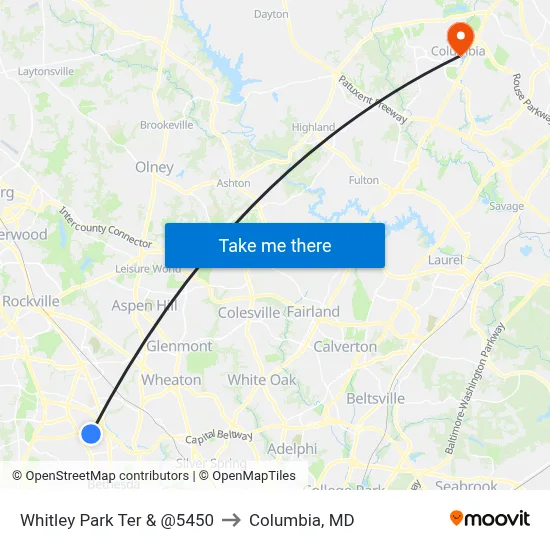 Whitley Park Ter & @5450 to Columbia, MD map