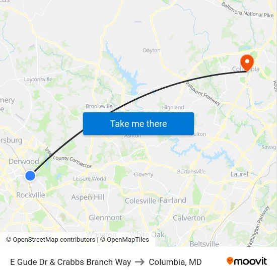 E Gude Dr & Crabbs Branch Way to Columbia, MD map
